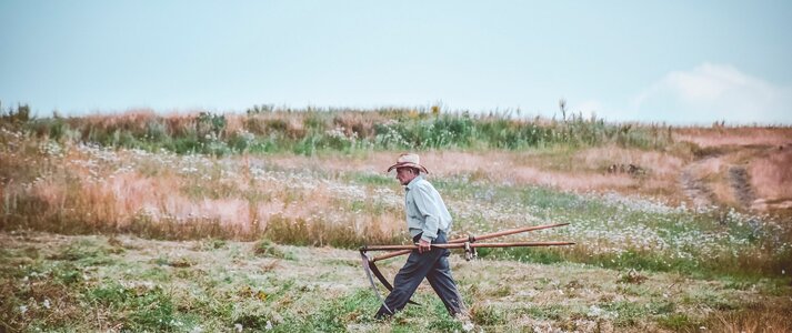 Zdjęcie przedstawia starszego rolnika idącego po polu.